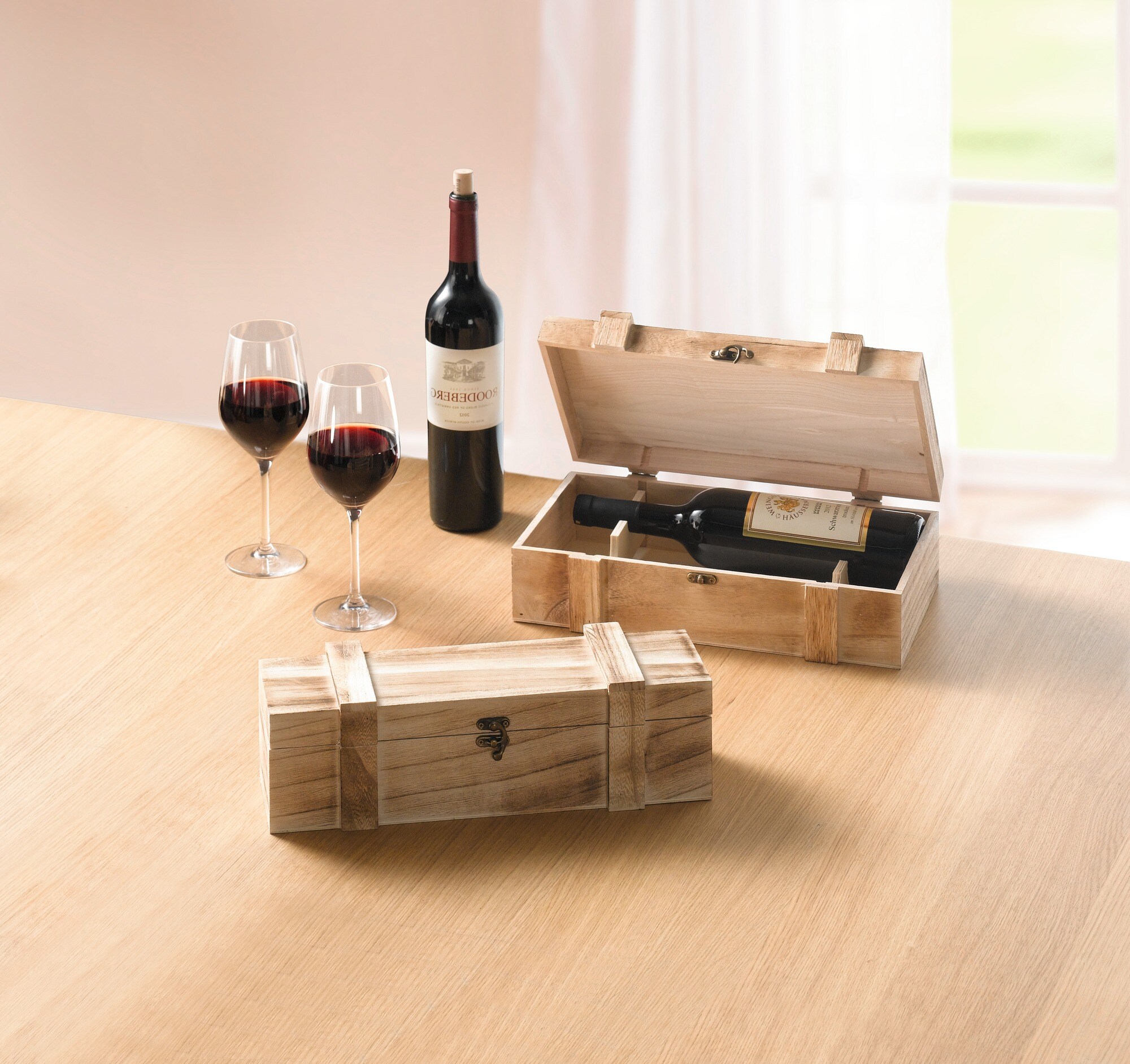 Holz Truhe rustikal für 2 Flaschen Wein Geschenkbox Deko Getränke Wein Weinkiste