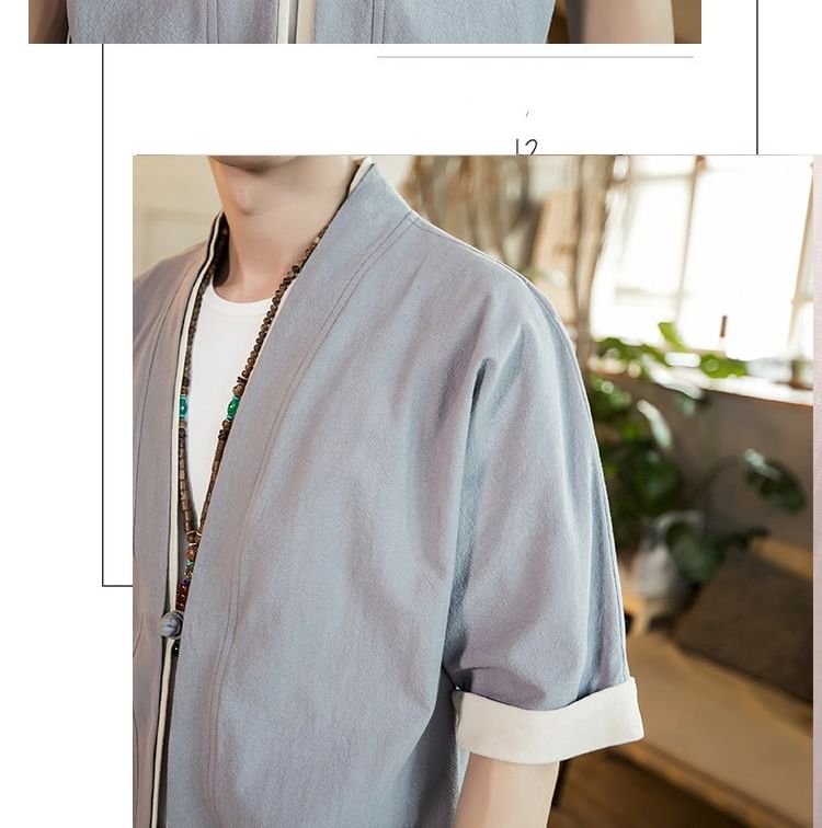 Ninine - Hanfu-shirt met contrasterende rand en open rug en elleboogmouwen