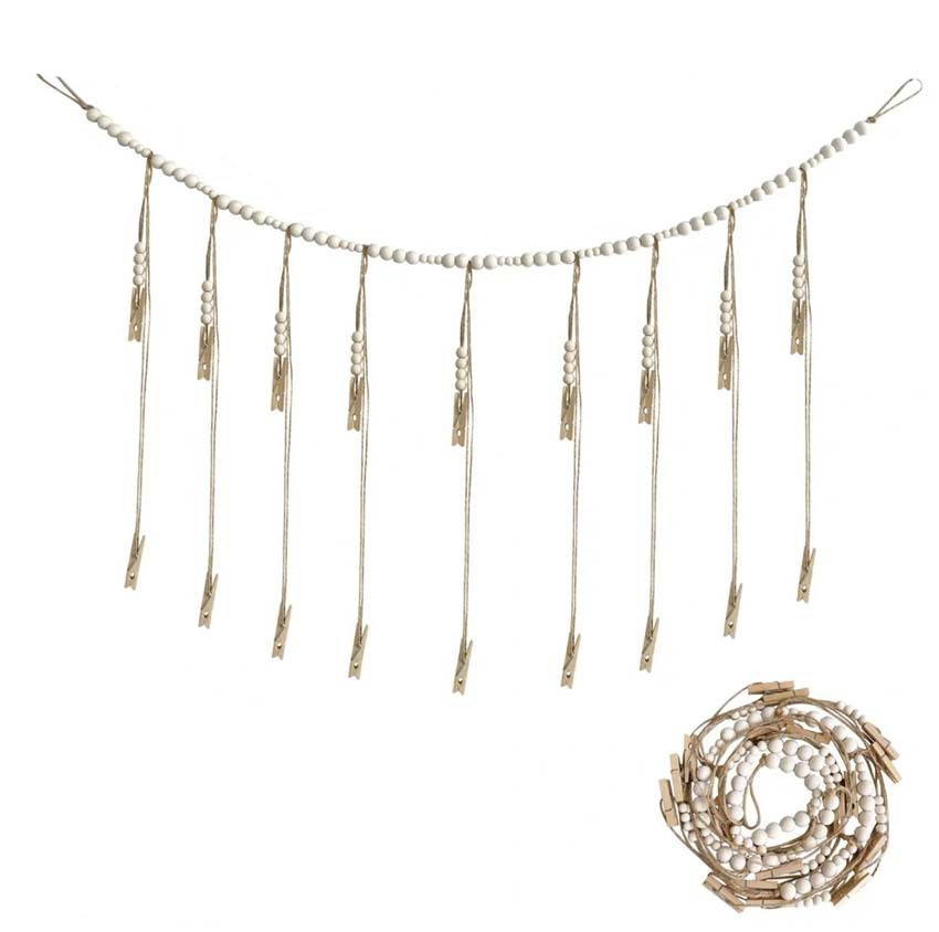 (1.35m) Holzperlen Fotoleine Hygge Lifestyle Deko Fotohalter inkl. Holz Klammern - Braun
