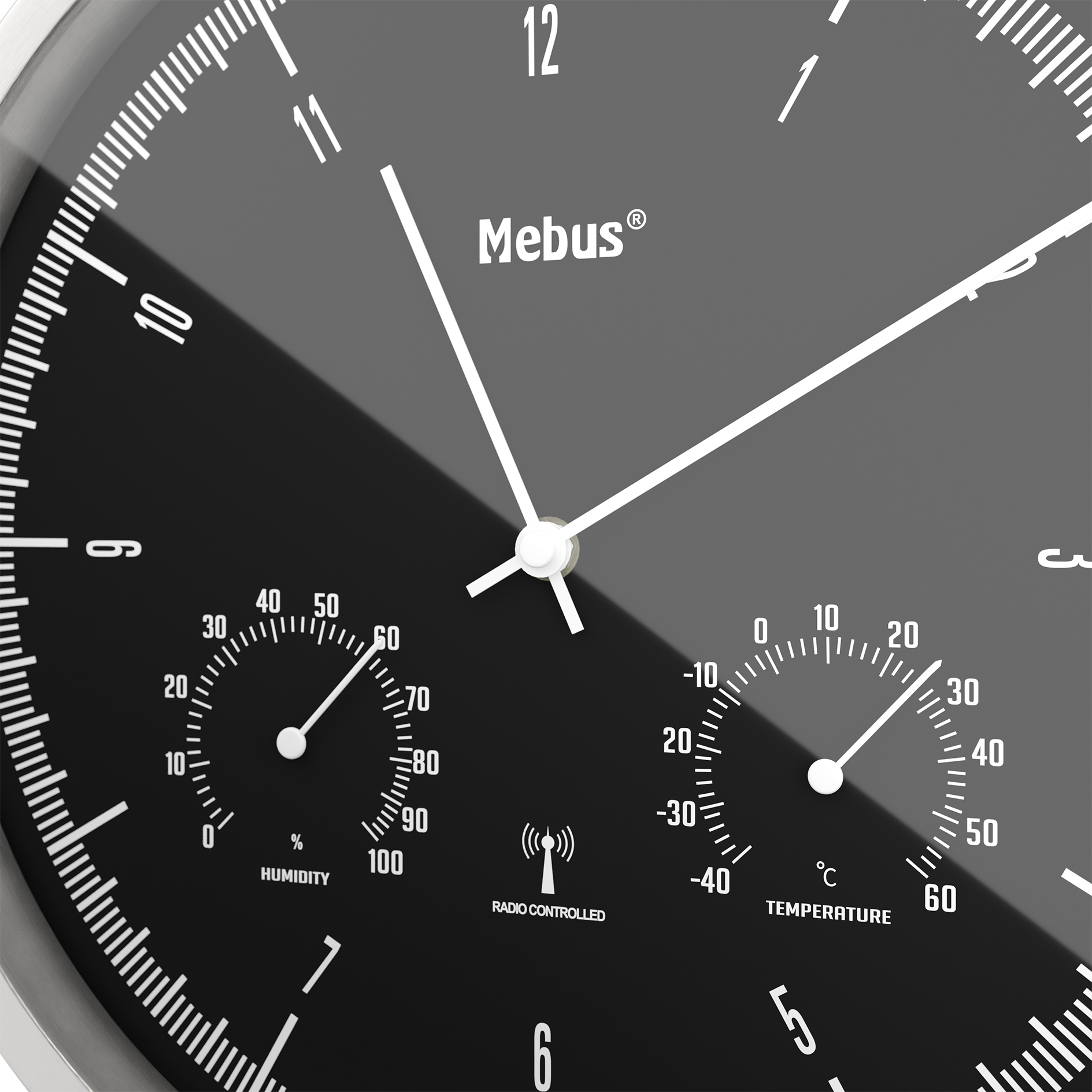 MEBUS Funk-Wanduhr - silber-schwarz - Thermo-/Hygrometer - Ø 25 cm
