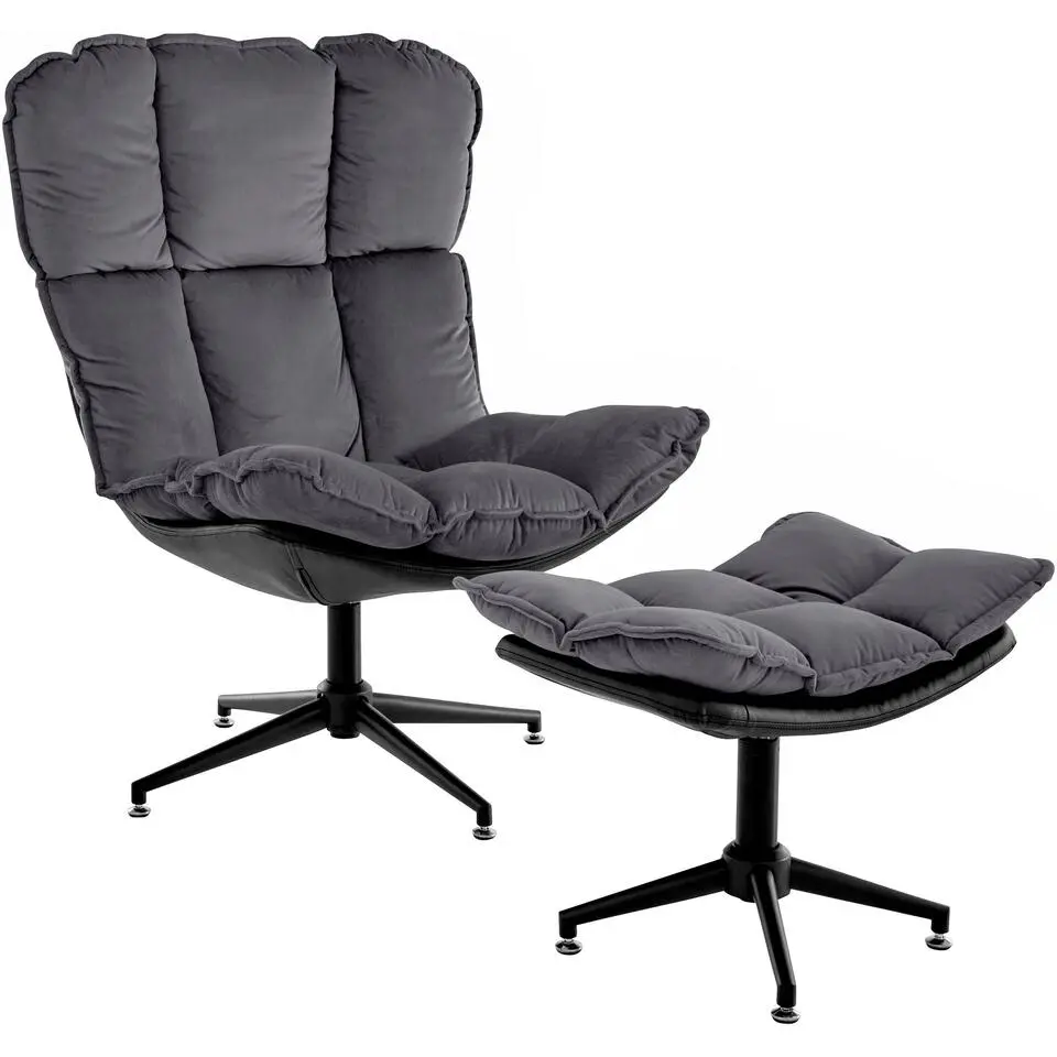 Pilou - Fauteuil met hocker in fluweel in antraciet