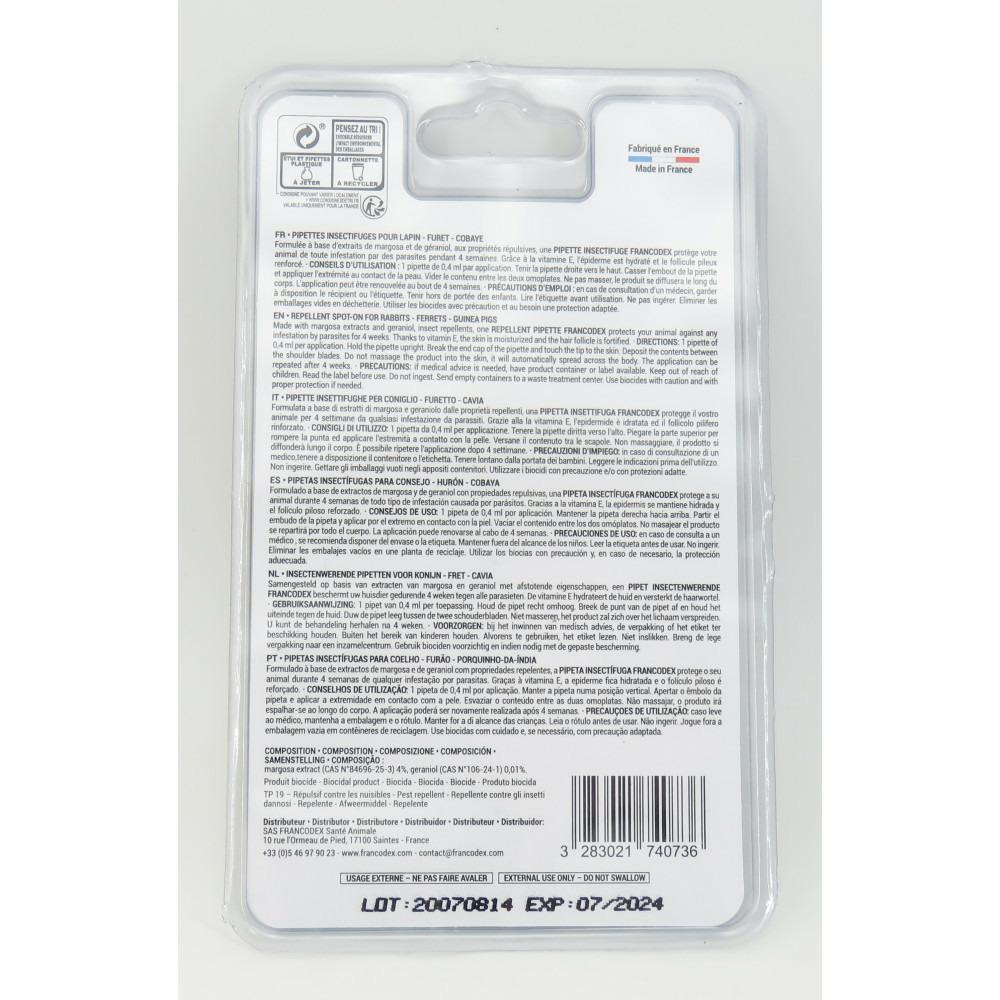 3 pipettes insectifuges lapins, furets et cobayes.
