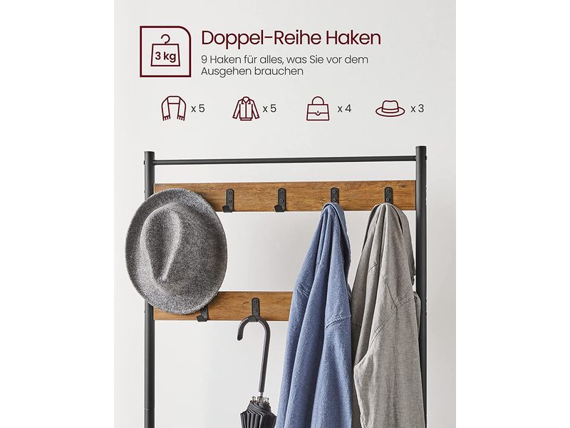 VASAGLE Garderobe mit Schuhregal 32 cm x 175 cm, Braun/Schw Kleiderständer mit Sitzbank