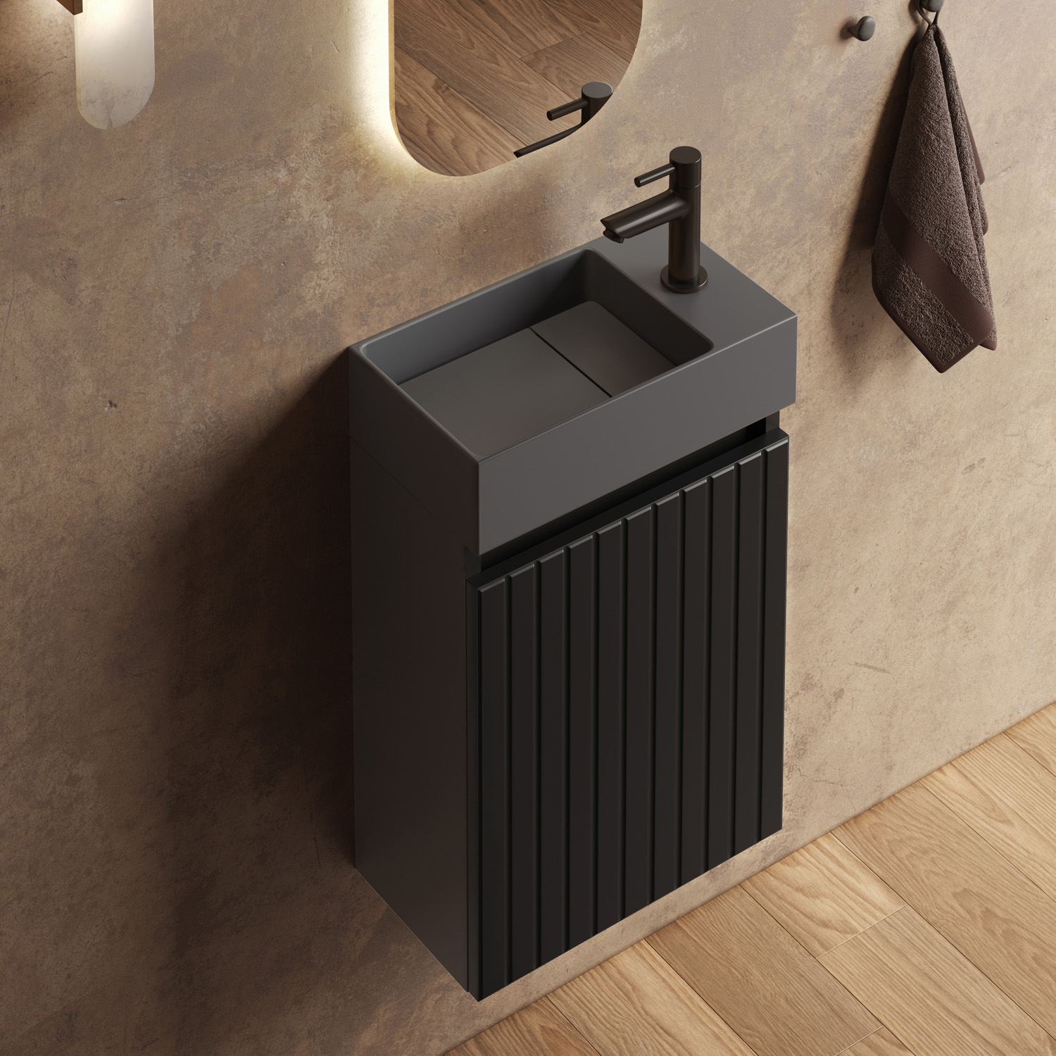 Fontana Itsie toiletmeubel mat zwart ribbelfront 40cm met fontein in mat antraciet