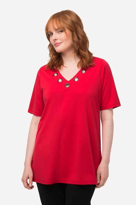 T-Shirt, Zierösen, Oversized, V-Ausschnitt, Halbarm