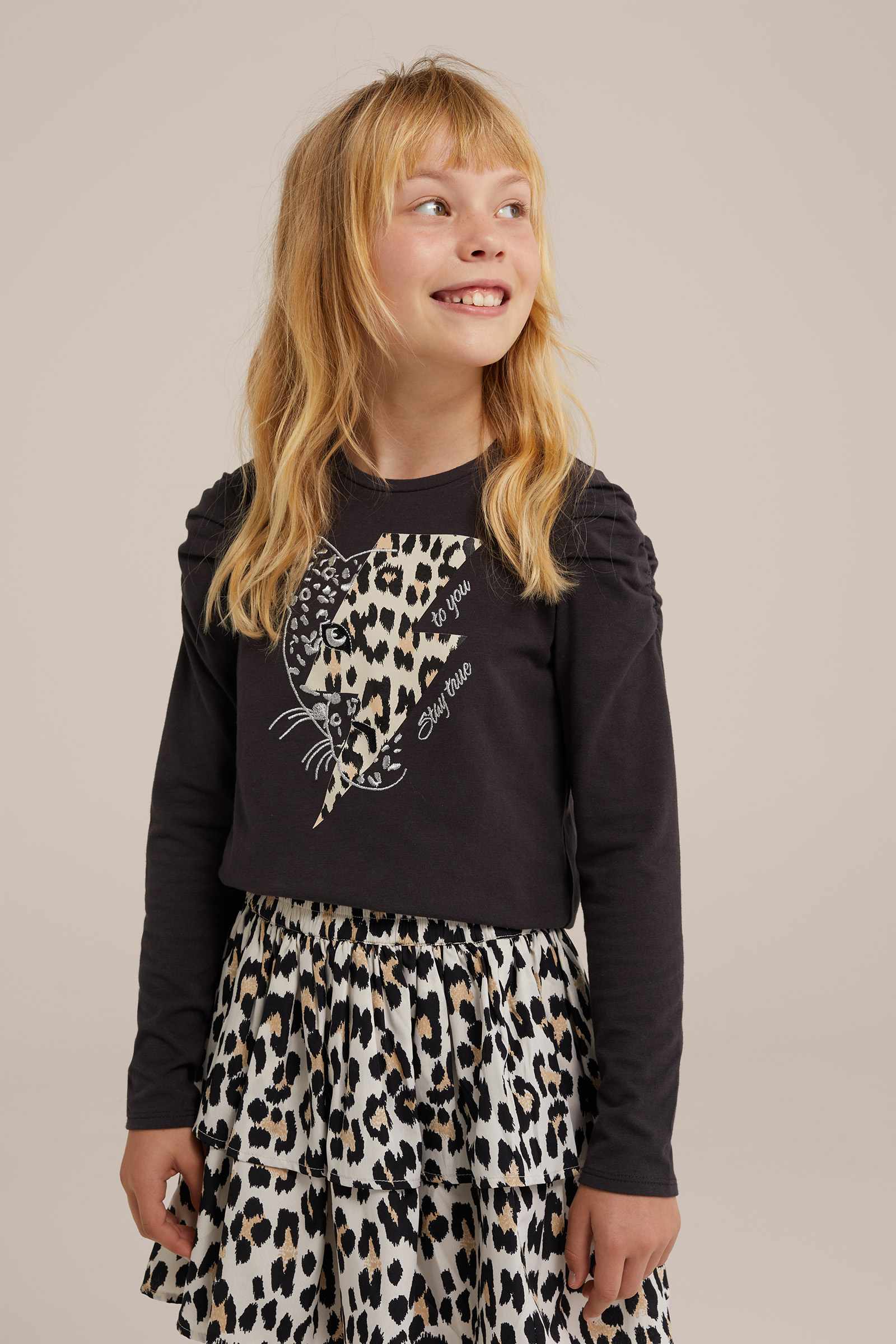 Meisjes T-shirt met opdruk WE Fashion Donkergrijs