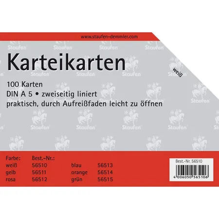 Staufen Karteikarten A5, liniert, weiß, 100 Stück