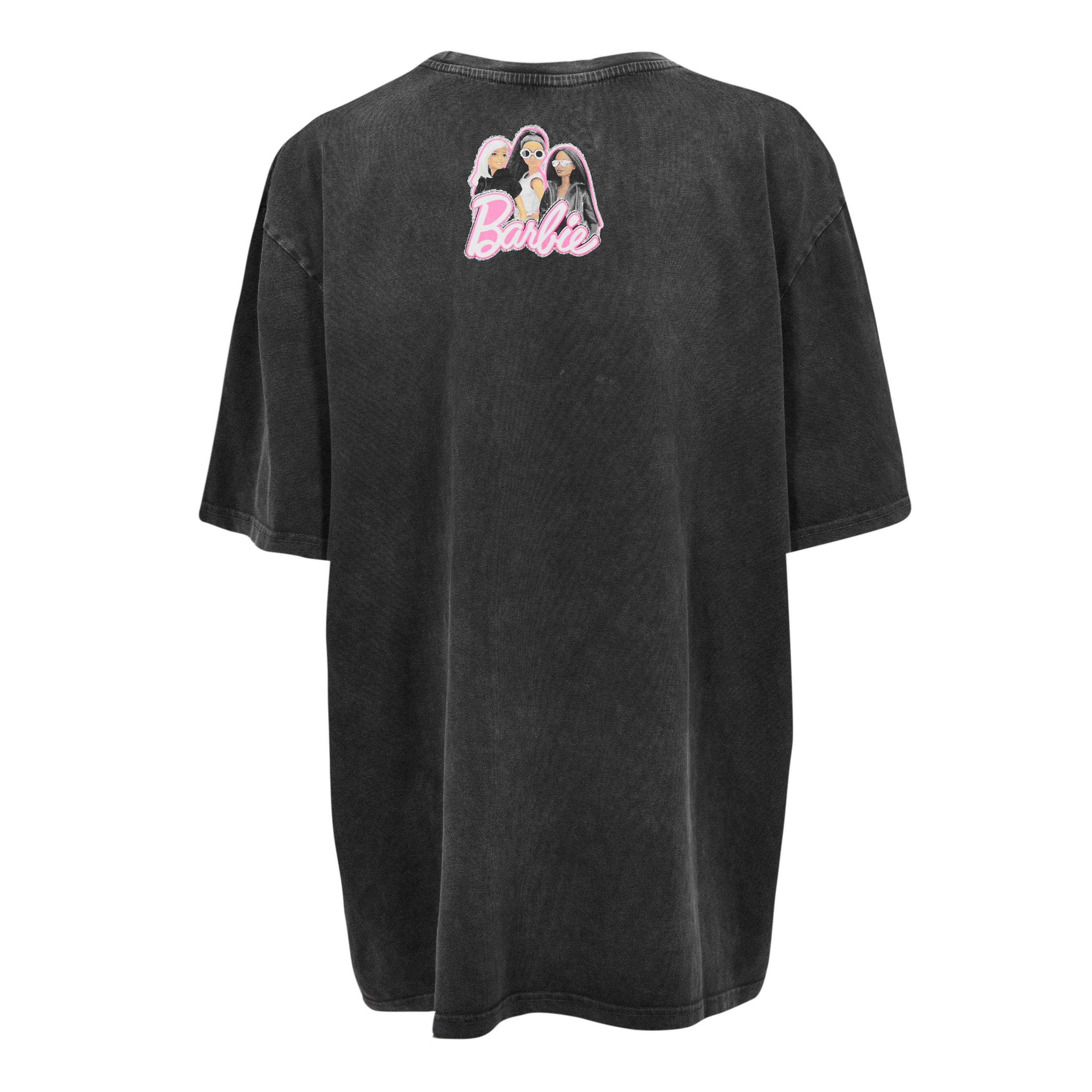 Character Ladies Barbie Back Graphic Acid Wash T Shirt Charcoal