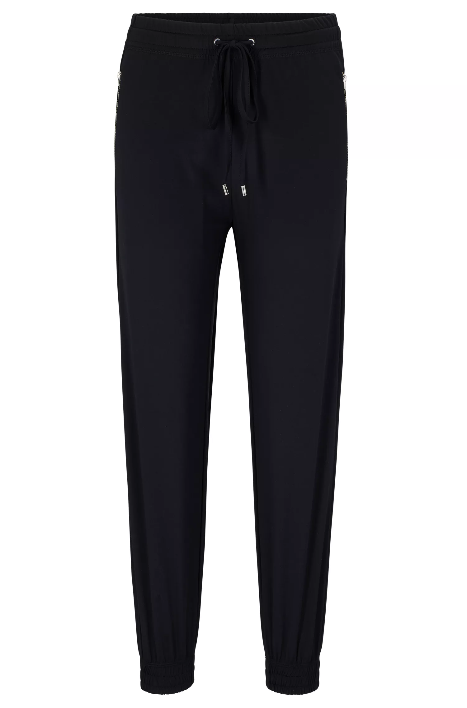 Calça BOSS preta, modelagem relaxada com cordão, em malha elástica de alta performance.
