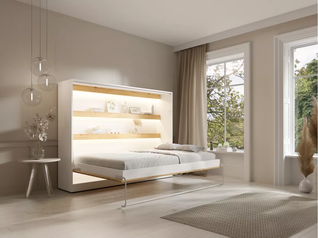 Lit escamotable 140 x 200 cm - Ouverture horizontale manuelle - Avec LEDs - Blanc et naturel - RAPILI