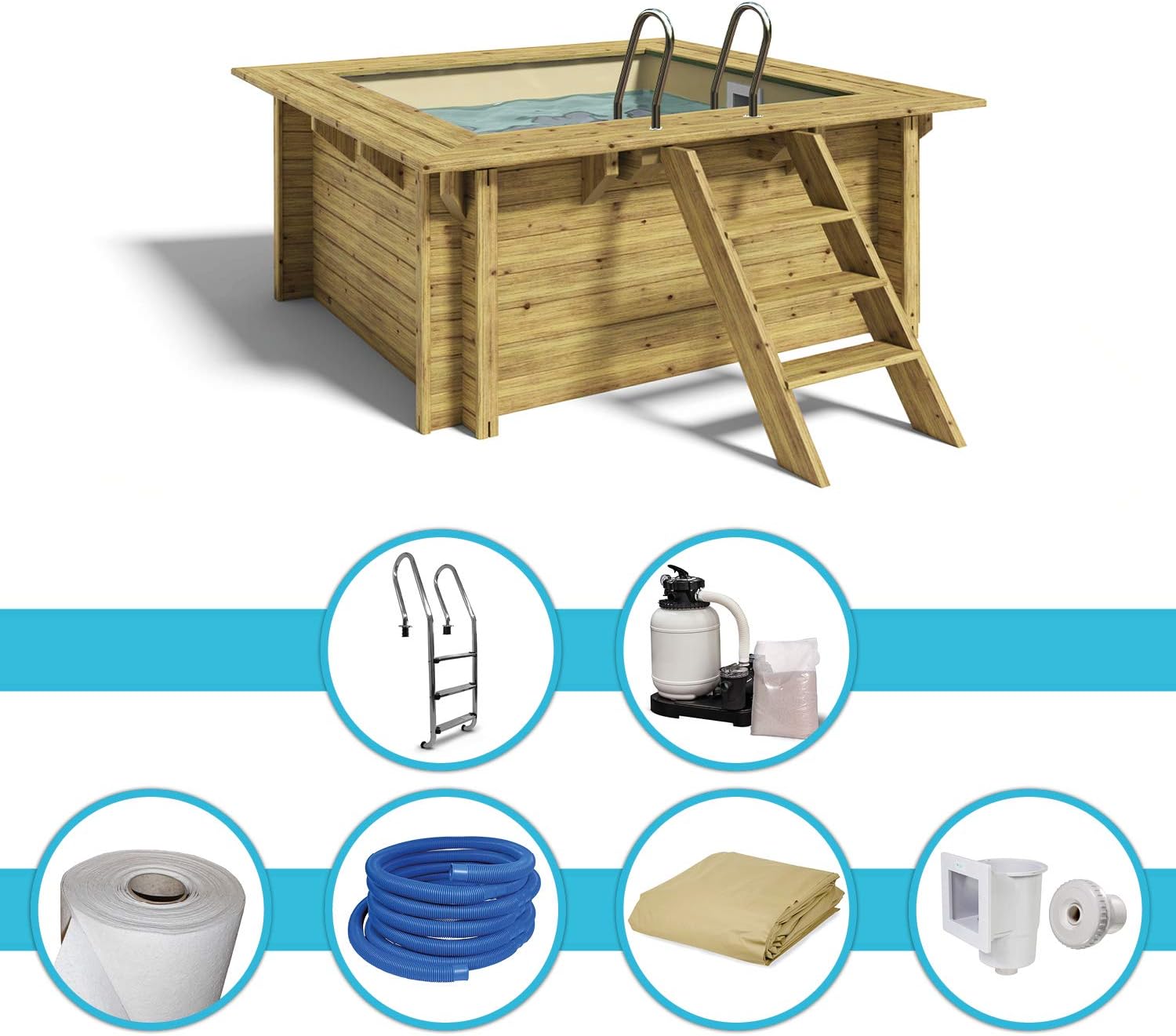 Paradies Pool® Holzpool Lulu Komplettset inkl. Filteranlage, Edelstahlleiter Tiefbecken, Folie Sand mit 0,8mm Stärke, Viereck-Pool, 200 x 200 x 104, Menge: 1 Stück