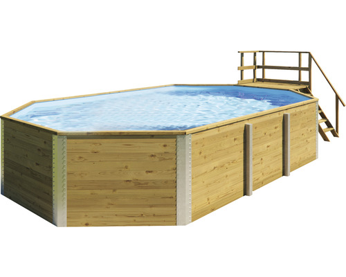 Opbouw houten zwembadset Weka 594 rechthoekig 714x376x116 cm inclusief zandfiltersysteem, ingebouwde skimmer, filterzand, bodembeschermvlies & technische ruimte inclusief houten trap met leuning