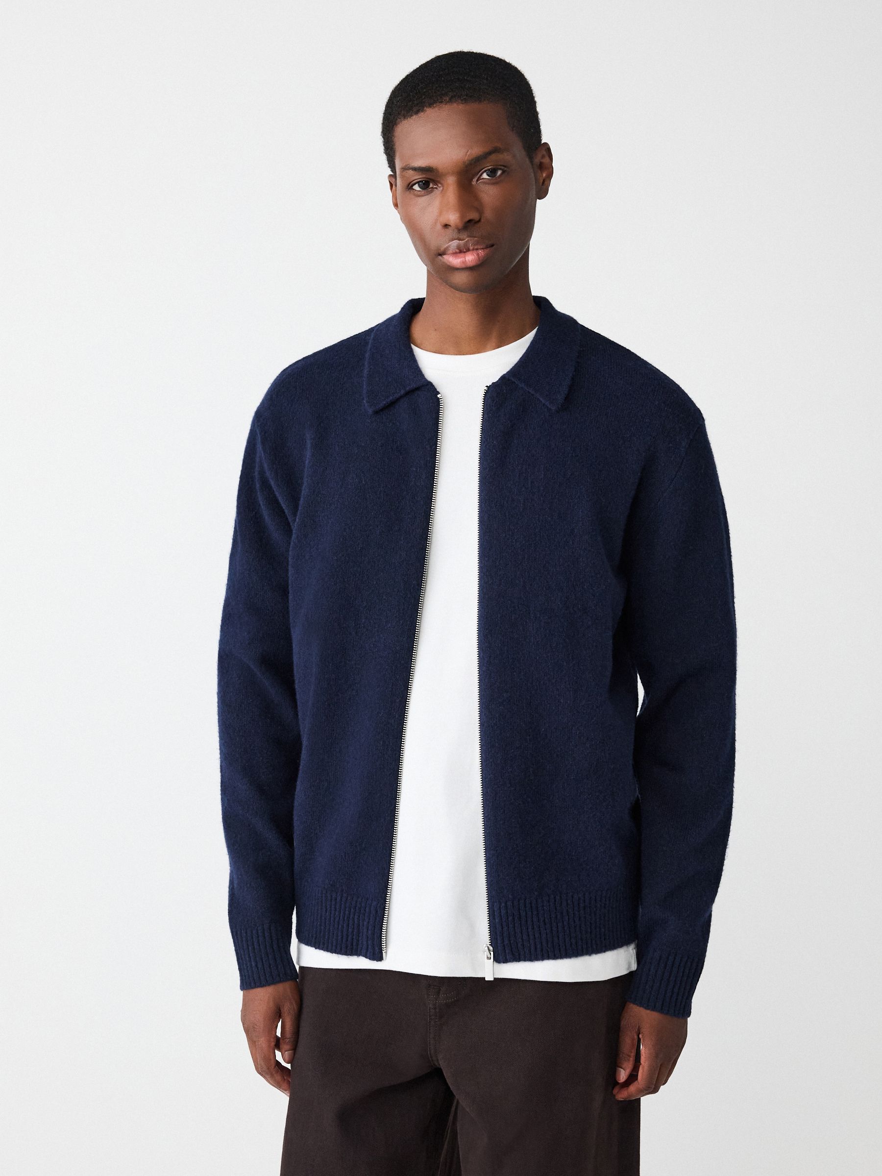 Donkerblauw - Relaxed Fit Cosy Zip Through Collared Cardigan with Wool