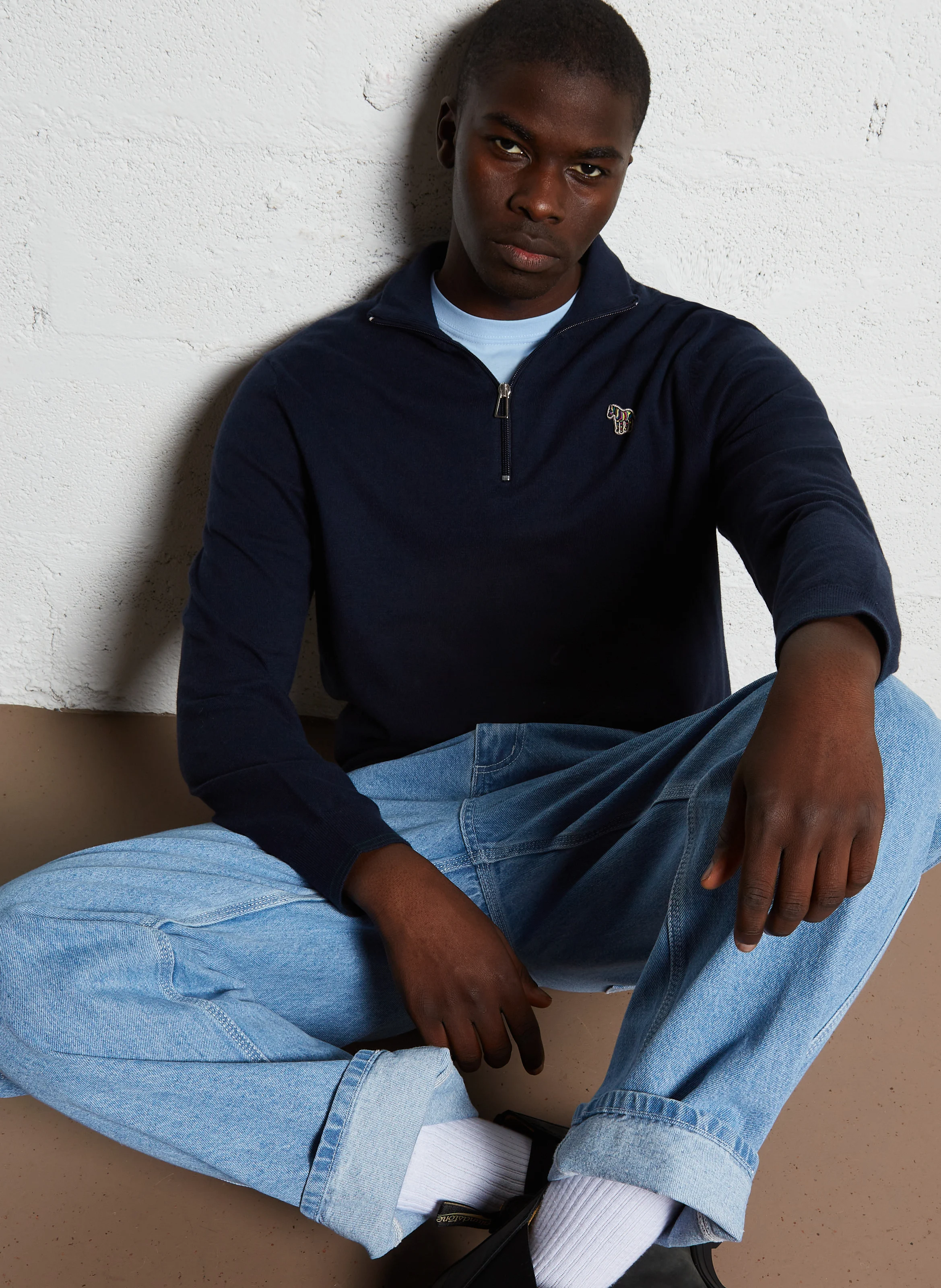 Pull col montant zippé en coton mélangé| Bleu