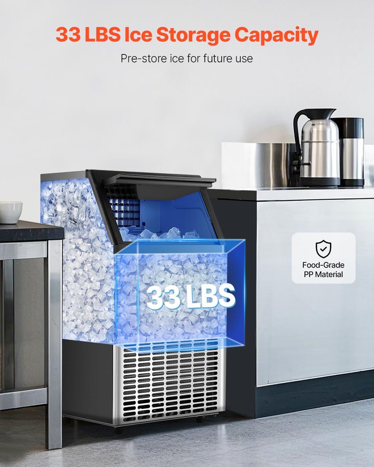 VEVOR kommerzielle Eismaschine (45,36 kg/Tag) Eisbereiter mit 14,97 kg Speicherkapazität, 45 Eiswürfel in 15 Minuten, LED-Digitalanzeige, freistehend, selbstreinigend, für Bar Büro Restaurant