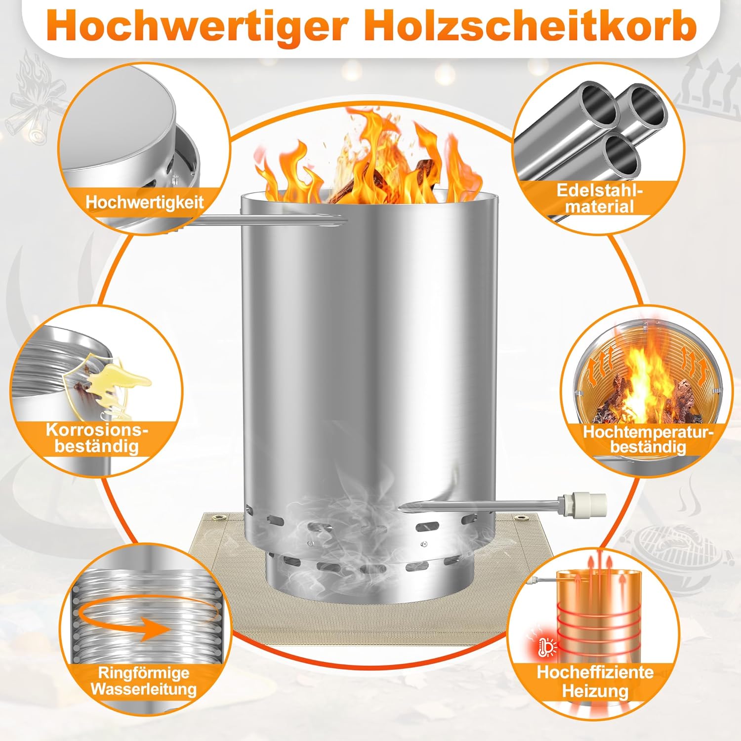 Edelstahl Feuertonne Poolheizung mit Heizspirale, Ø32/38mm Anschlüsse Brennholz Pool Heizung, inkl. Feuerfeste Matte & Restasche Auffangwanne, Outdoor Poolofen für Schwimmbäder, Silber B, 1 Stück