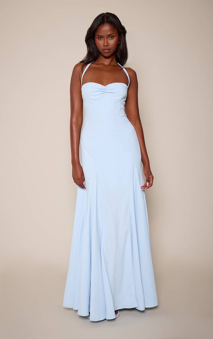 Bleu Robe Longue Tissée À Encolure Américaine Avec Détail Froncé Au Buste