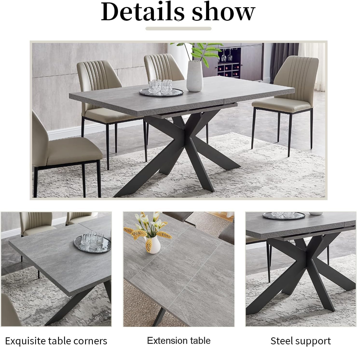 JIEXI Essgruppen Für 4-6 Personen, Esstisch Ausziehbar, Moderner Grauer MDF-Holztisch, Geeignet Für Wohnzimmer, Küche UP1877730