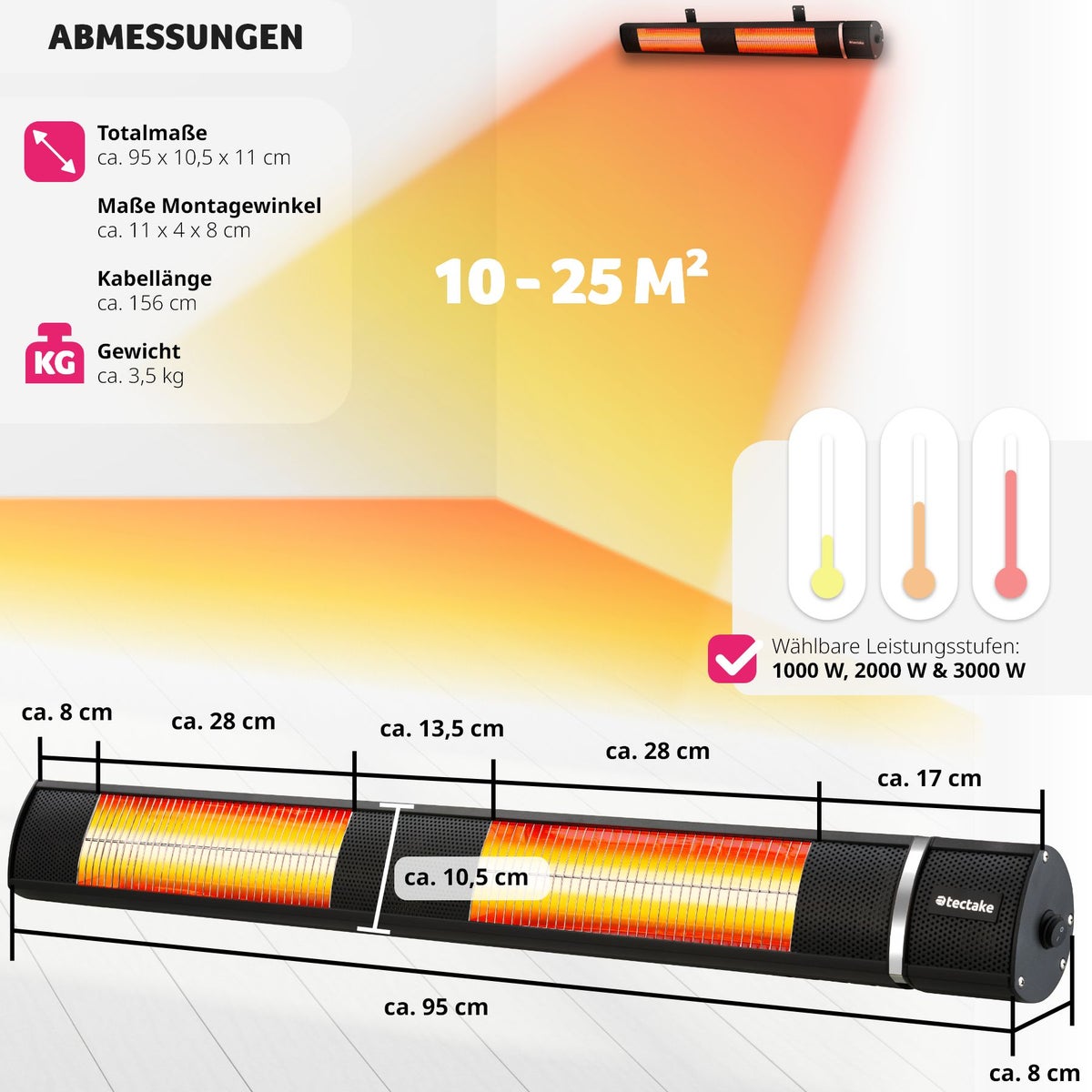tectake Solaris Horizon infraroodstraler, 3 vermogensniveaus (1000, 2000 en 3000 W), eenvoudige installatie, 95 x 11 x 10,5 cm