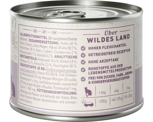WILDES LAND natvoer voor katten, konijn en kip met veenbessen, met waardevolle superfoods, graanvrij, glutenvrij, 200 g
