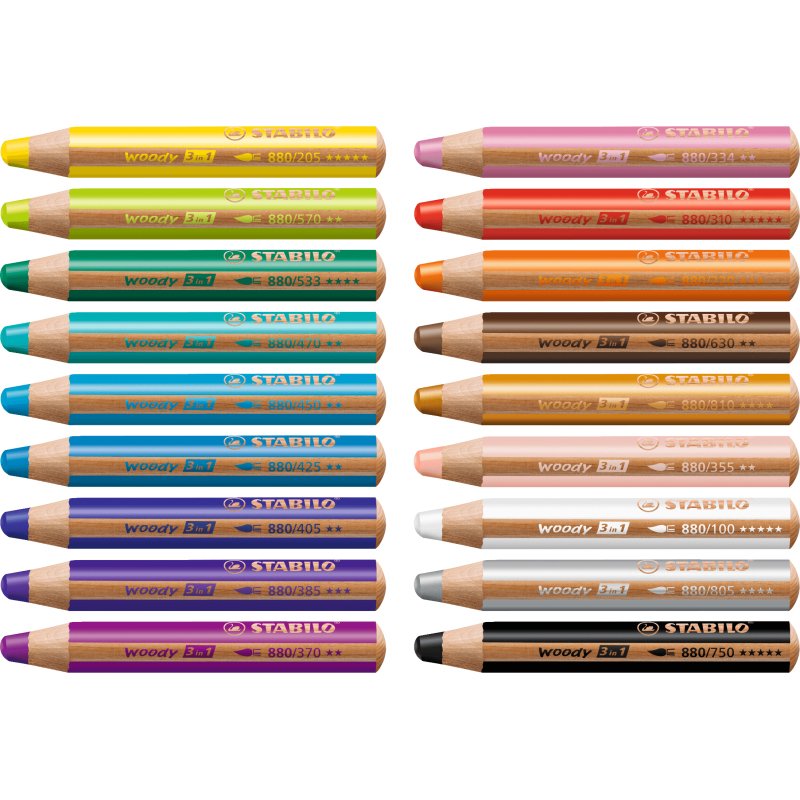 Crayon couleur stabilo woody 3in1 multi-talents + 1 taille-crayon + 1 pinceau étui carton 18 unités