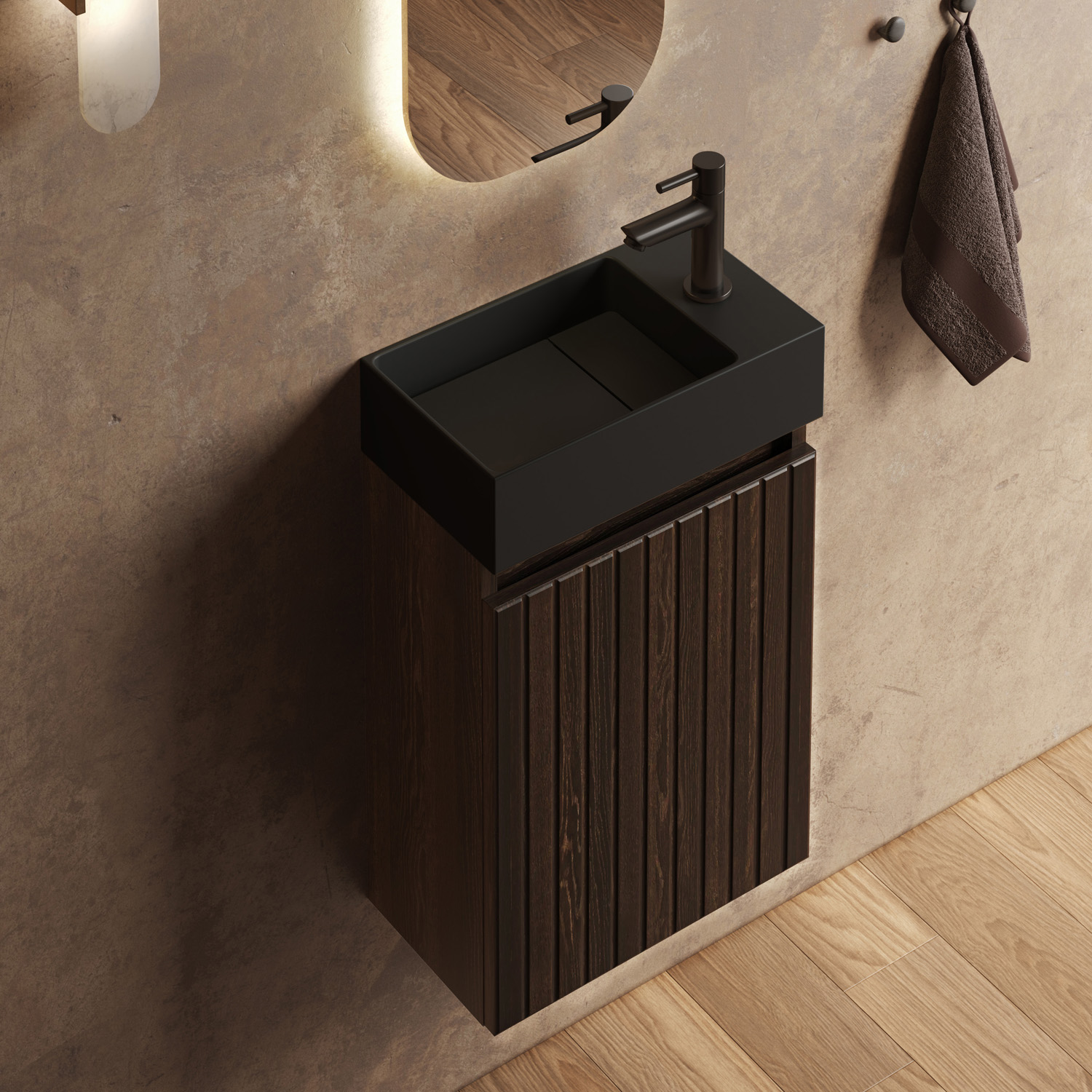 Fontana Itsie toiletmeubel kasteel bruin ribbelfront 40cm met fontein in mat zwart
