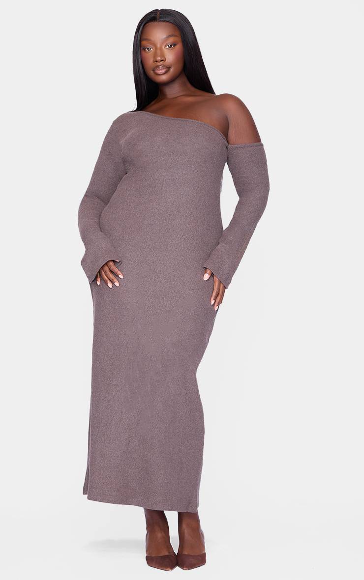 Chocolat Robe Maxi Grande Taille En Tissu Brossé Épais À Fronces Asymétriques