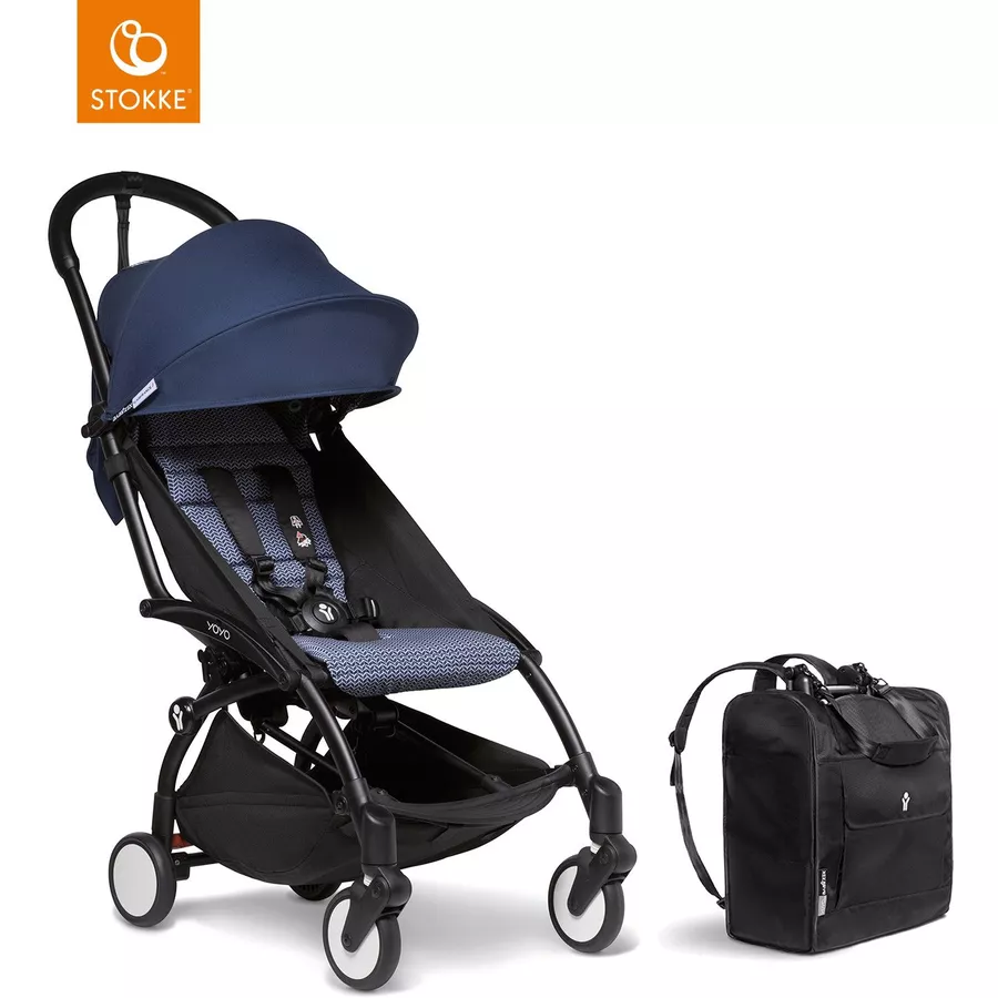 BABYZEN Kinderwagen YOYO2 6+ Black mit Textilset Air France Blue und Backpack YOYO Black