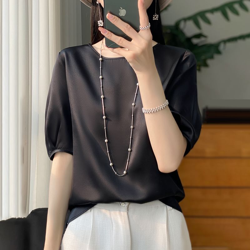 Weelop - Blouse met ronde hals en satijnen motief, met elleboogmouwen