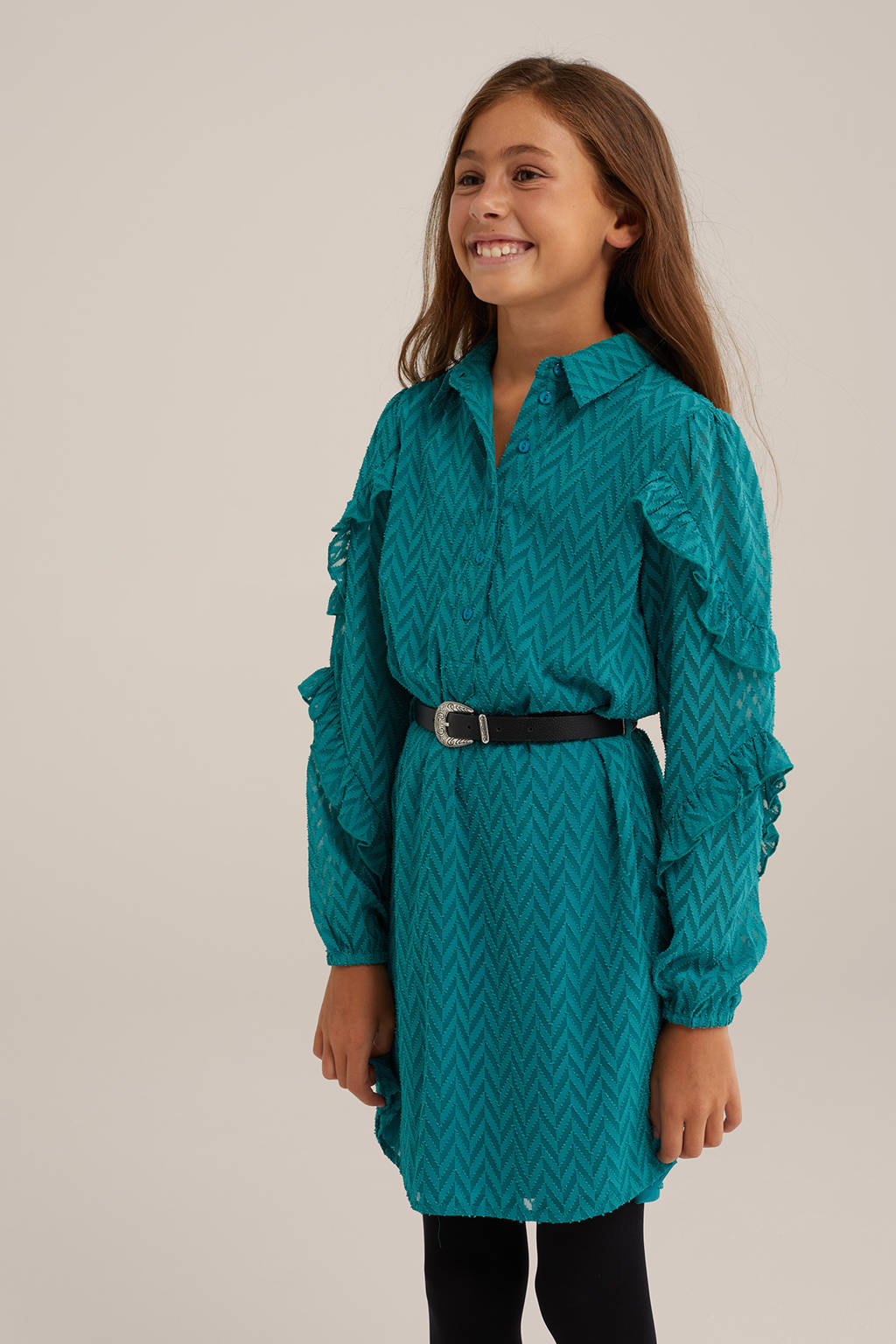 WE Fashion jurk met all over print en ruches petrol/donkergroen