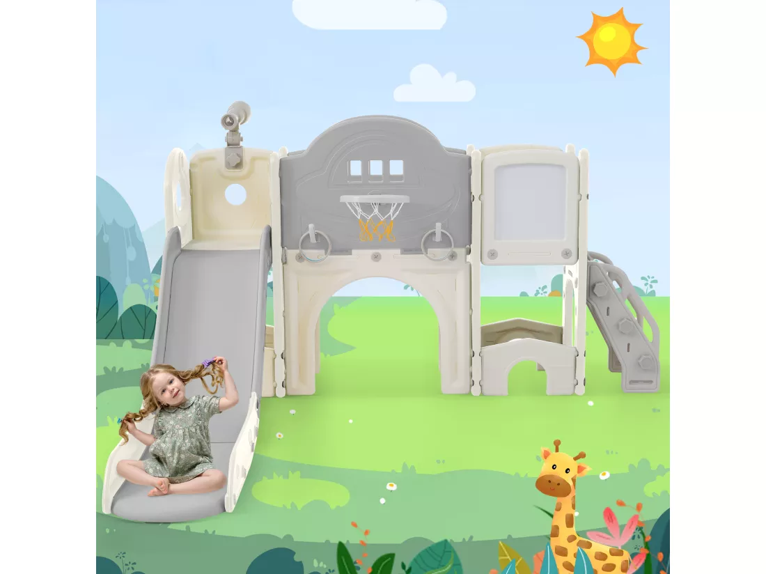 Toboggans Jouet d'escalade 10 en 1 pour enfants - 172 x 165 x 95cm - en HDPE - avec escalade et espace de rangement - Gris