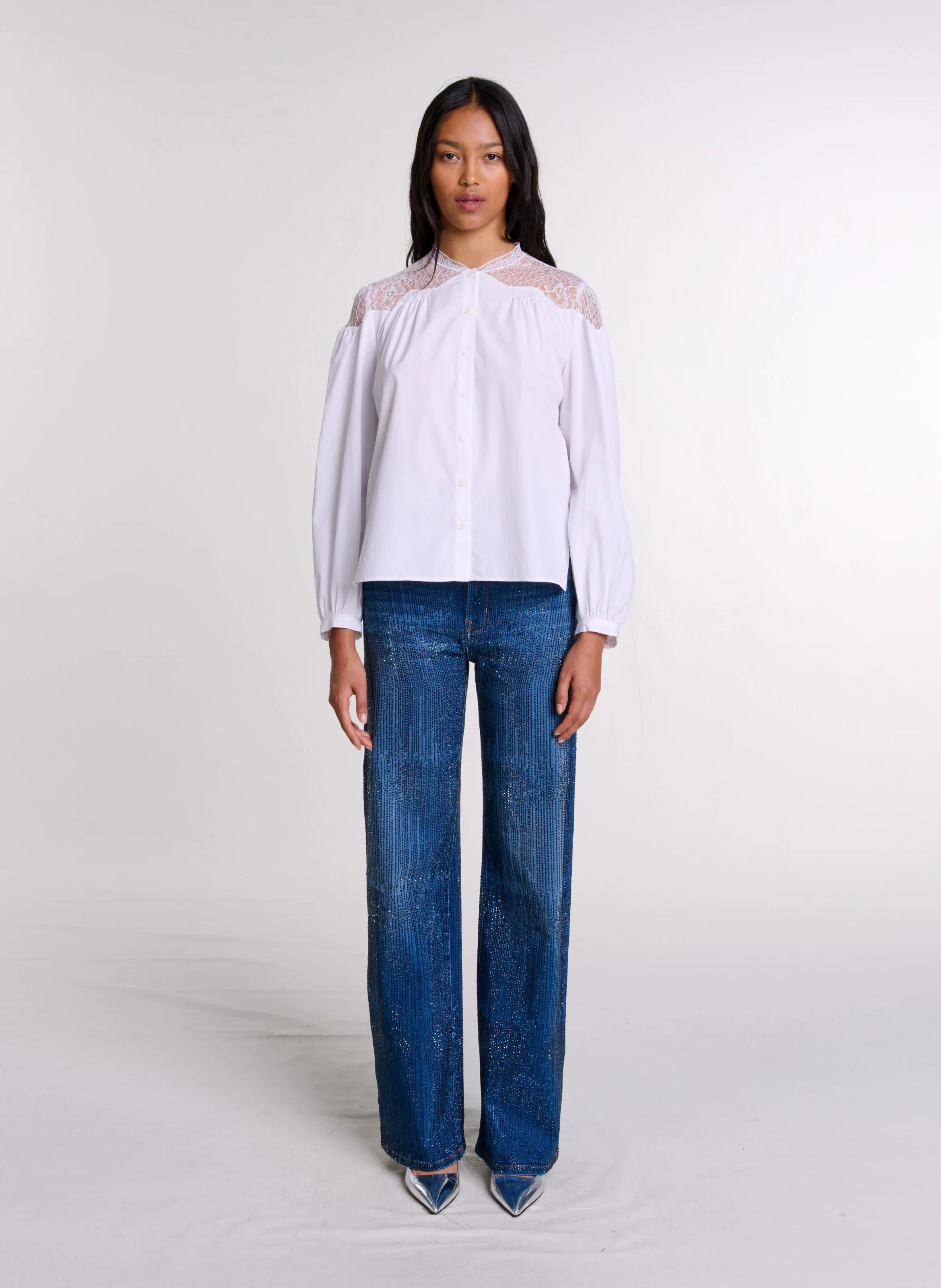 Chemise col rond droite en coton | Blanc