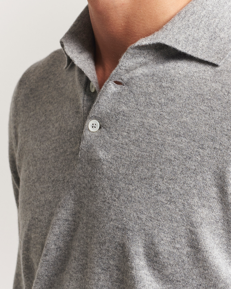 Brunello Cucinelli 2 Ply Cashmere Long Sleeve Polo Grey Melange