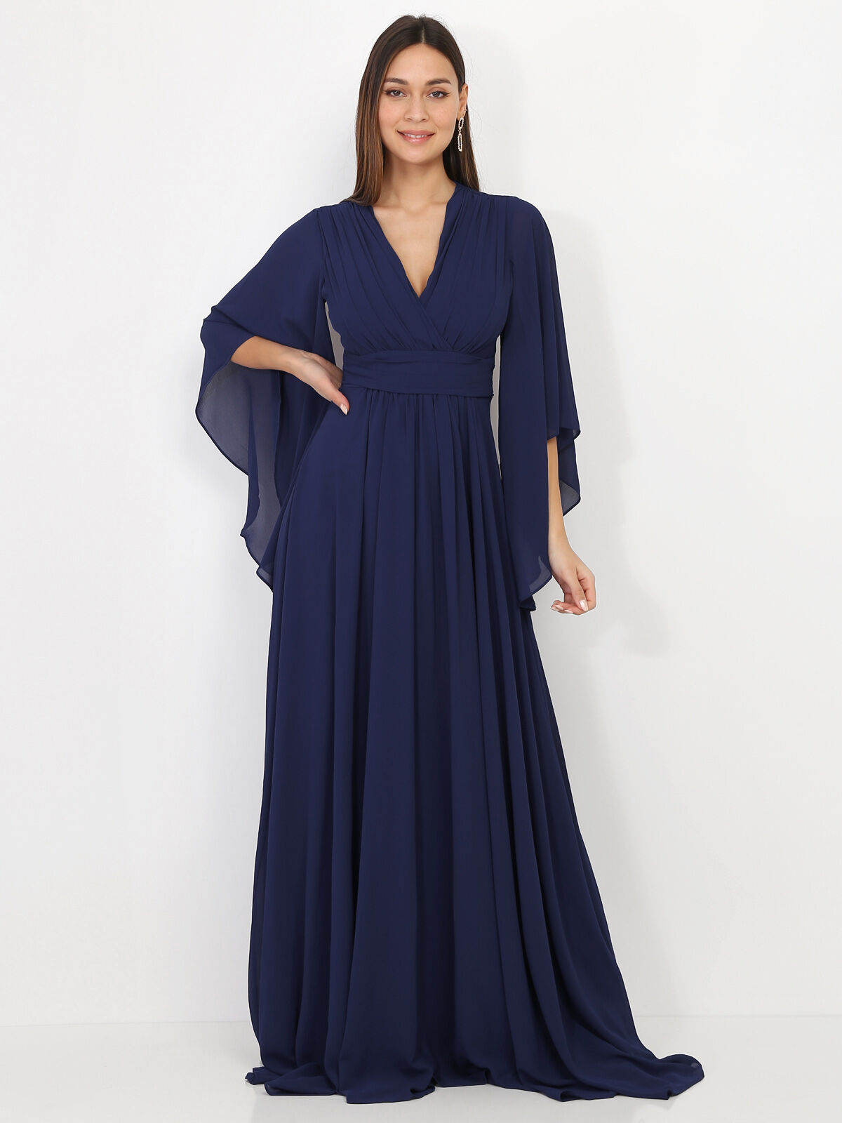 Robe longue drapée à manches volants- Bleu marine