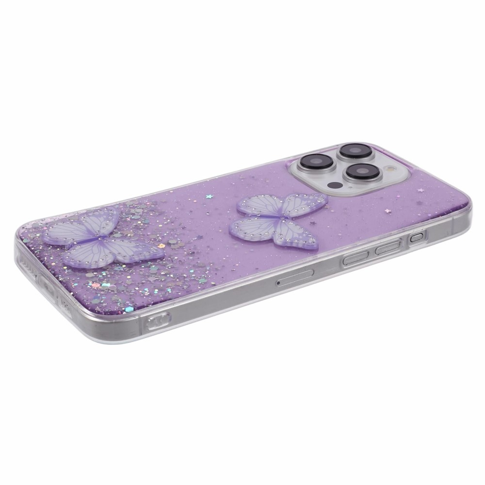 iPhone 16 Pro Hybrid Hardcase Schutzhülle im Glitzer Design Schmetterling - Violett / Transparent