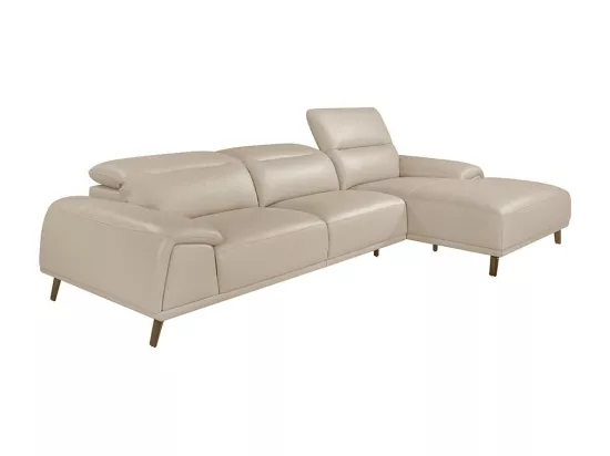 Canapé d'angle droit cuir beige clair et pieds acier Adile