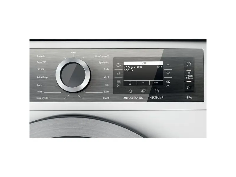 Hotpoint H8 D94WB EU, Fritstående, Front-læsning, Varmepumpe, Hvid, Dreje, Berøring, Højre