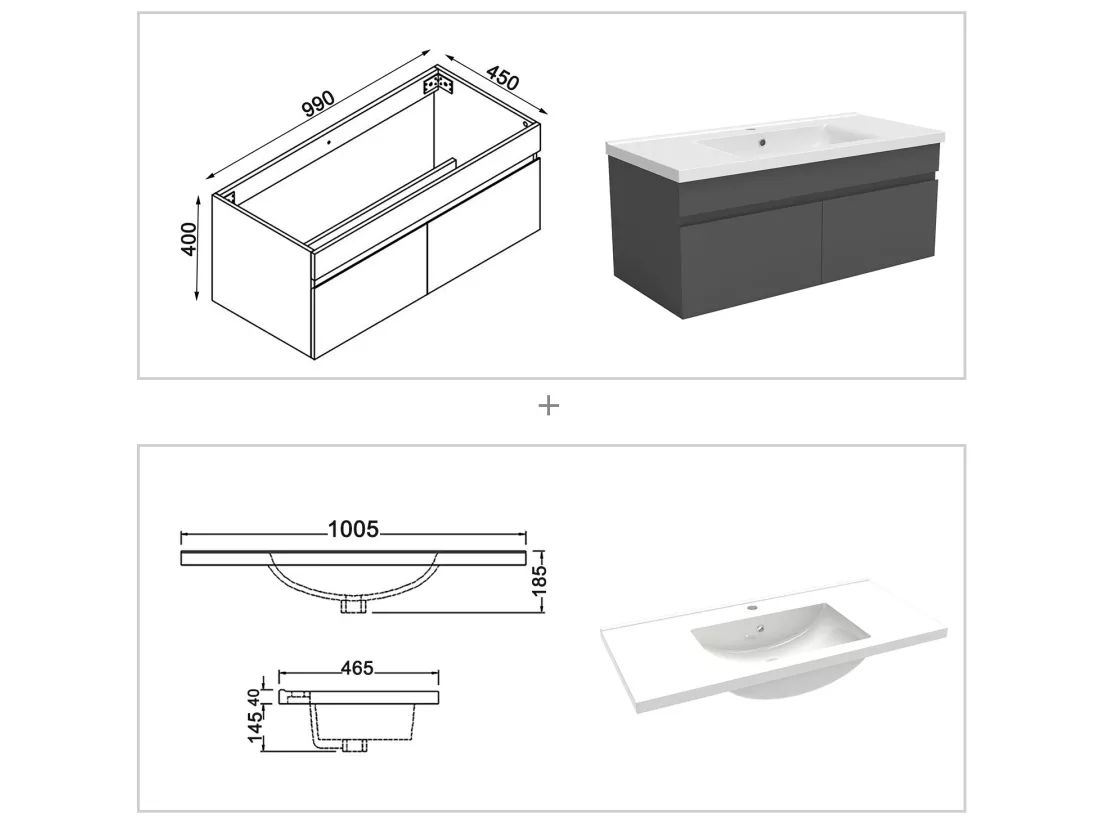 Meuble Salle de Bain 100cm Anthracite avec colonne et vasque ceramique, Aica