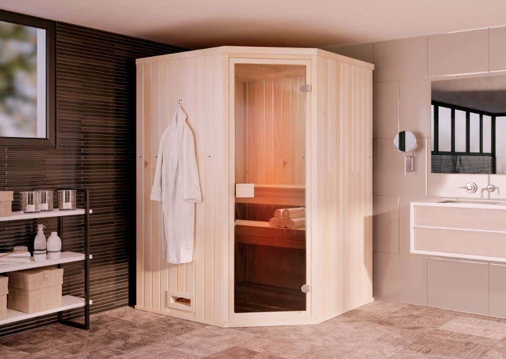 FinnTherm Hoek Binnensauna met 2 houten banken, 40 mm dikke wanden, stoomsauna met bevestigingsmateriaal, natuurlijke afwerking, 1,9 x 1,4 m