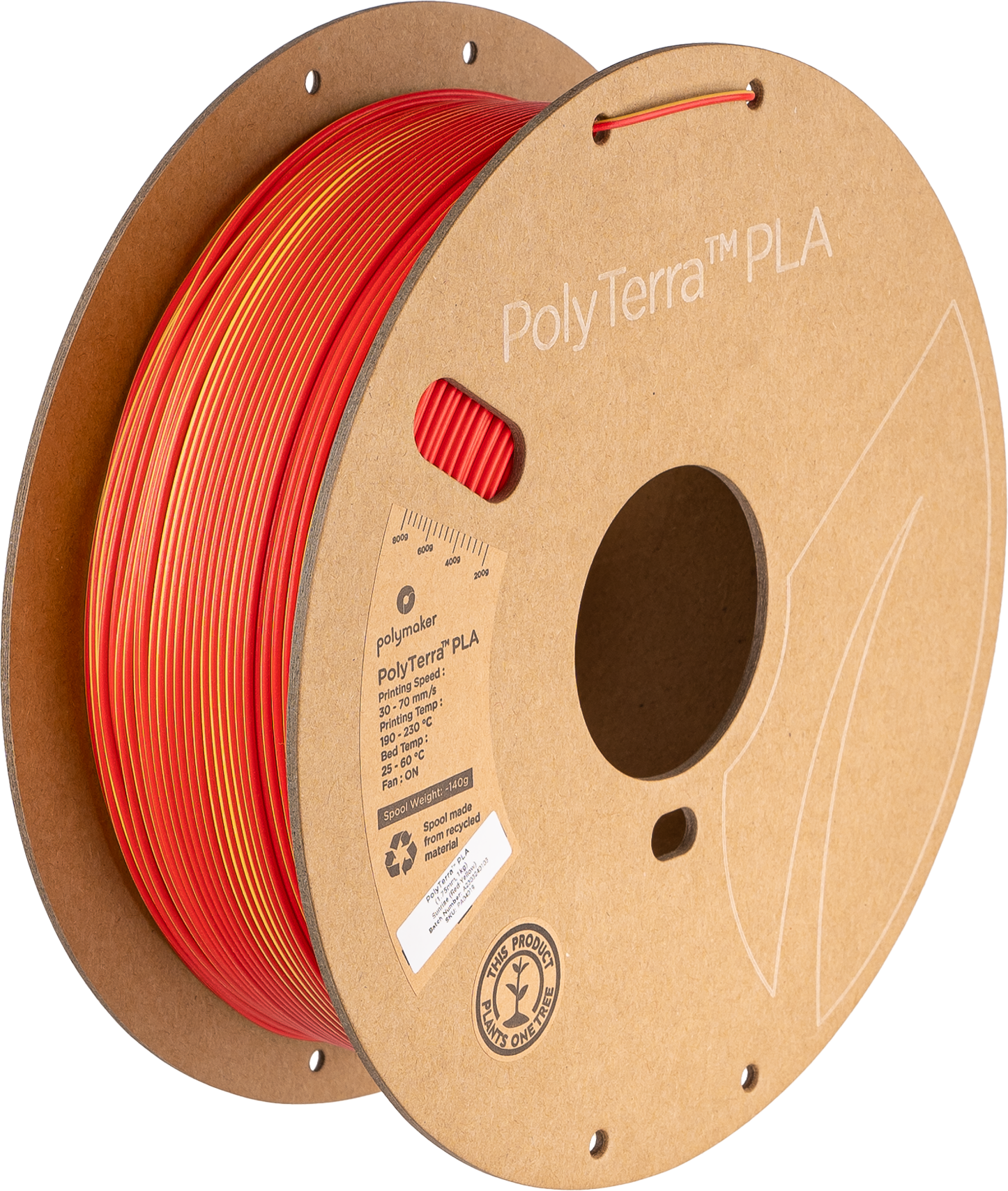 Polymaker  PolyTerra PLA Dual Sunrise Red-Yellow, 1,75 mm / 1000 g    Umweltfreundliches, zweifarbiges PLA-Filament mit mattem Finish