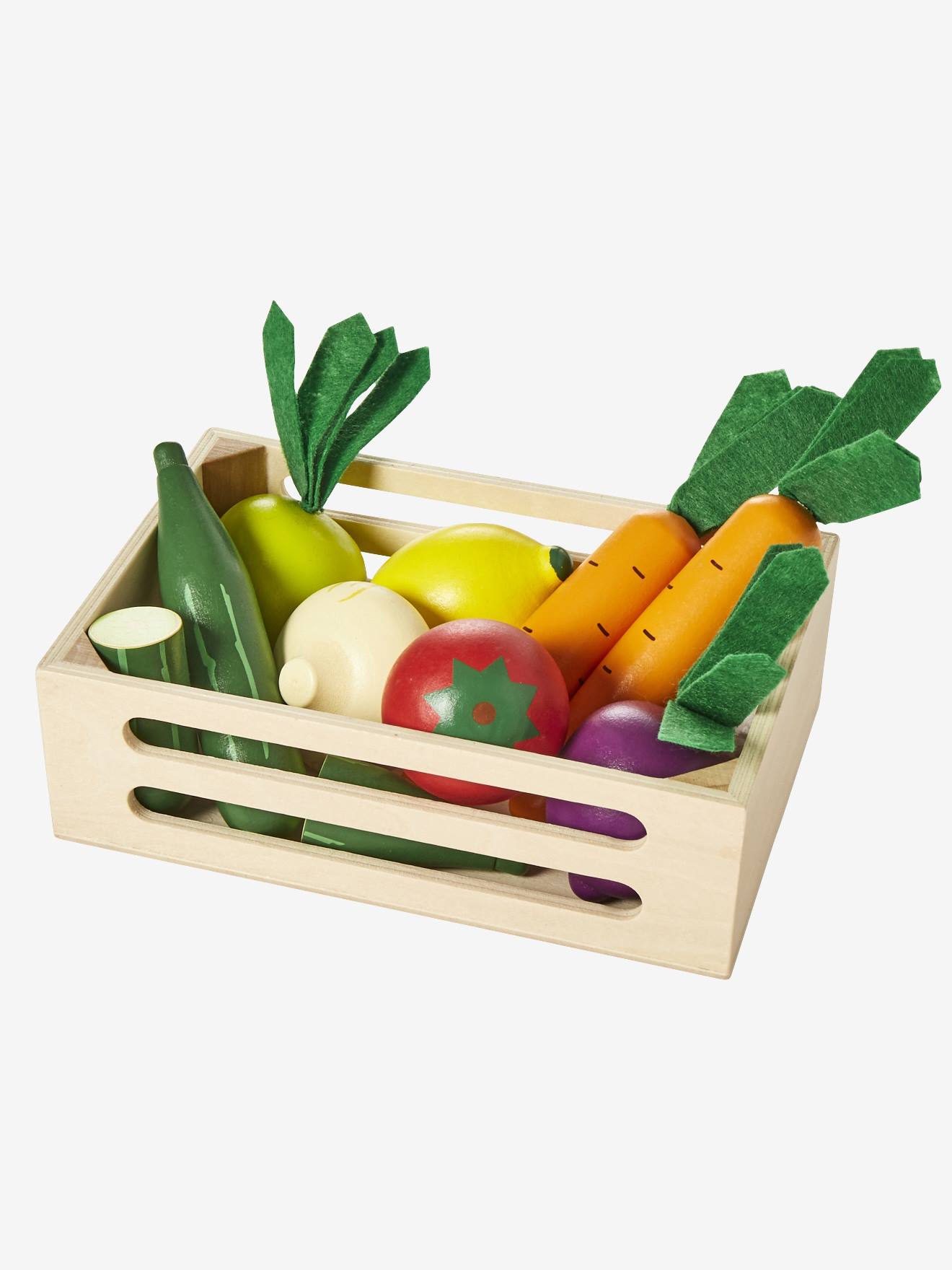 Caixa de madeira para legumes, para brincar de cozinha, multicolorida.