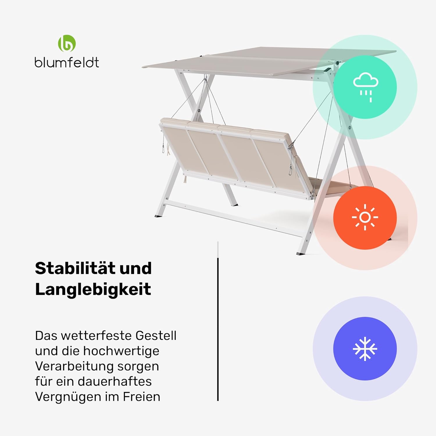 blumfeldt FlexiSwing Hollywoodschaukel 4-Sitzer – Verstellbare Rückenlehne & Sonnendach, 320 kg Kapazität, Wetterfester Stahlrahmen, Inklusive 6 cm Kissen, Gartenschaukel