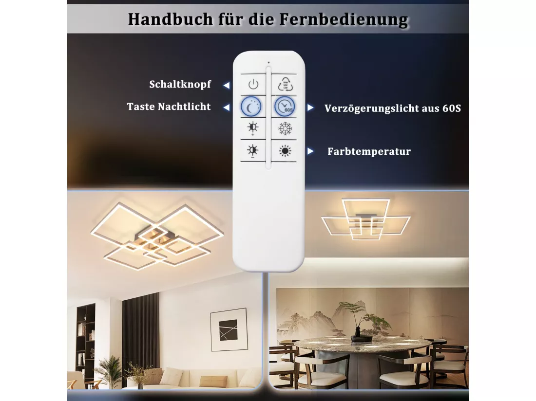 NETTLIFE Plafonnier LED Chambre Argent Dimmable 64CM 36W Géométrique Salon avec Télécommande