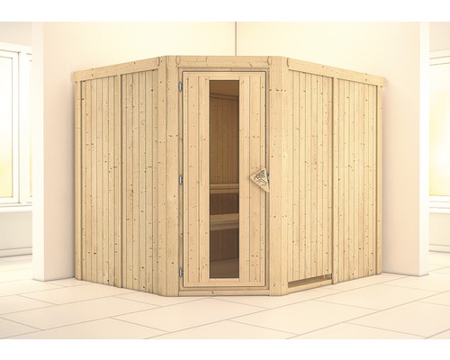 Karibu Malina modulaire sauna zonder oven en dakrand, met houten deur en geïsoleerd glas.