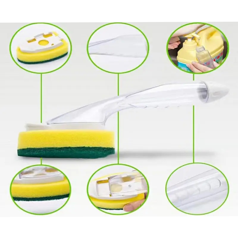 (23x6cm) Abwasch Bürste mit Spülmittel Spender Küchen Gadget Reinigungs Schwamm   Ersatzkopf - Transparent