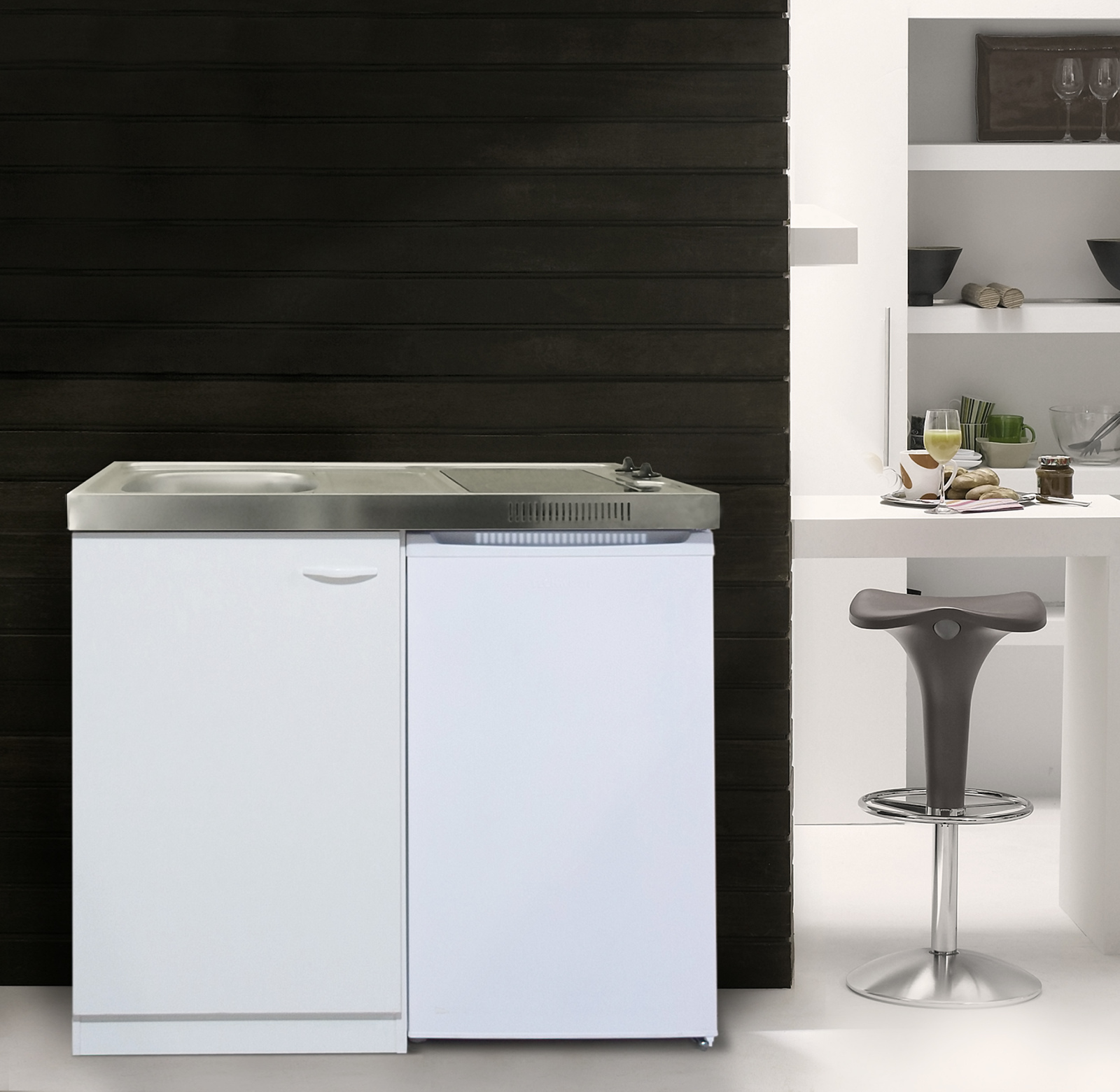 RESPEKTA Miniküche - weiß - mit Kühlschrank und Glaskeramikkochfeld - 100 cm