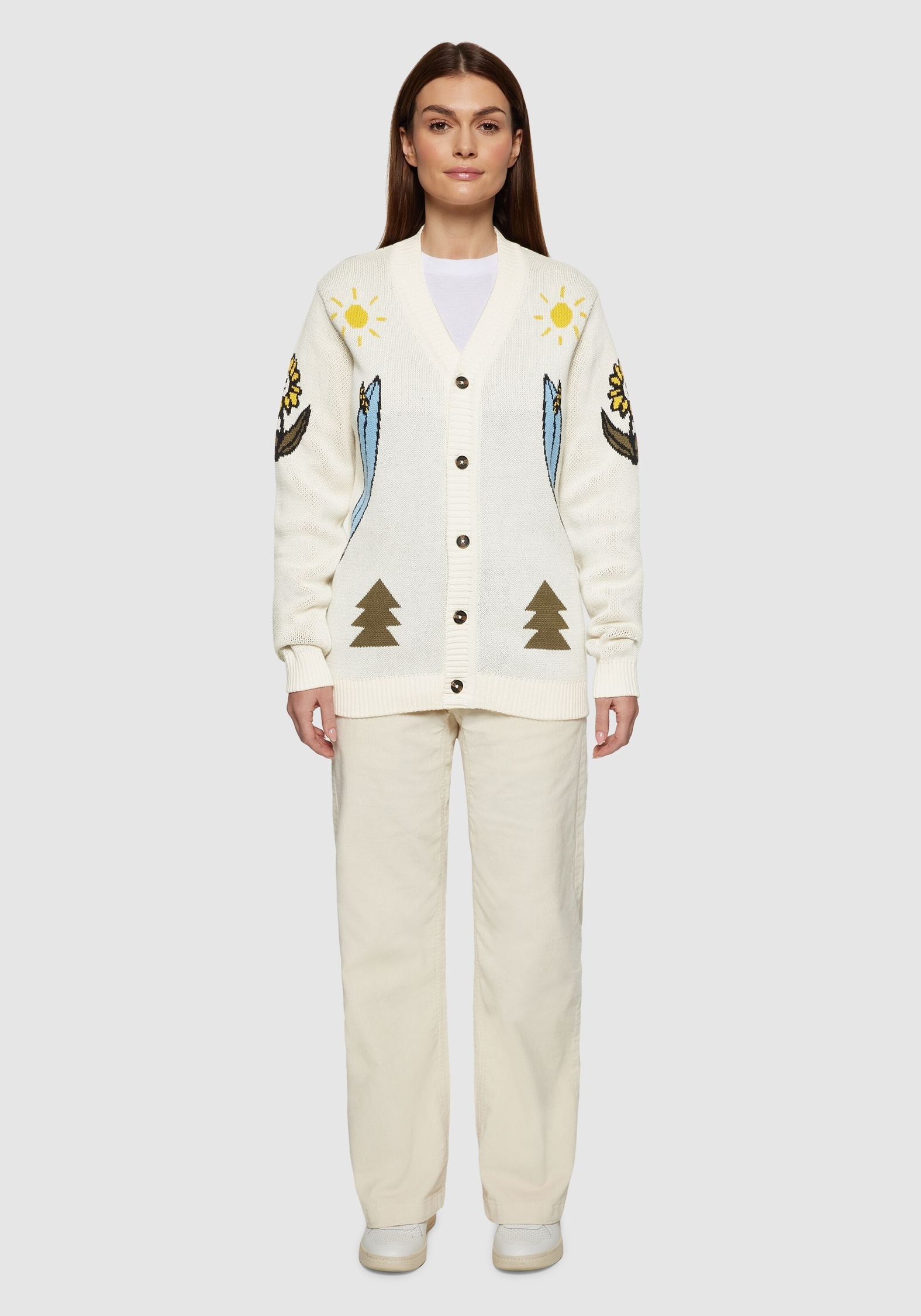Knowledge Cotton Apparel Cardigan Jacquard Trees Yes Please Egret