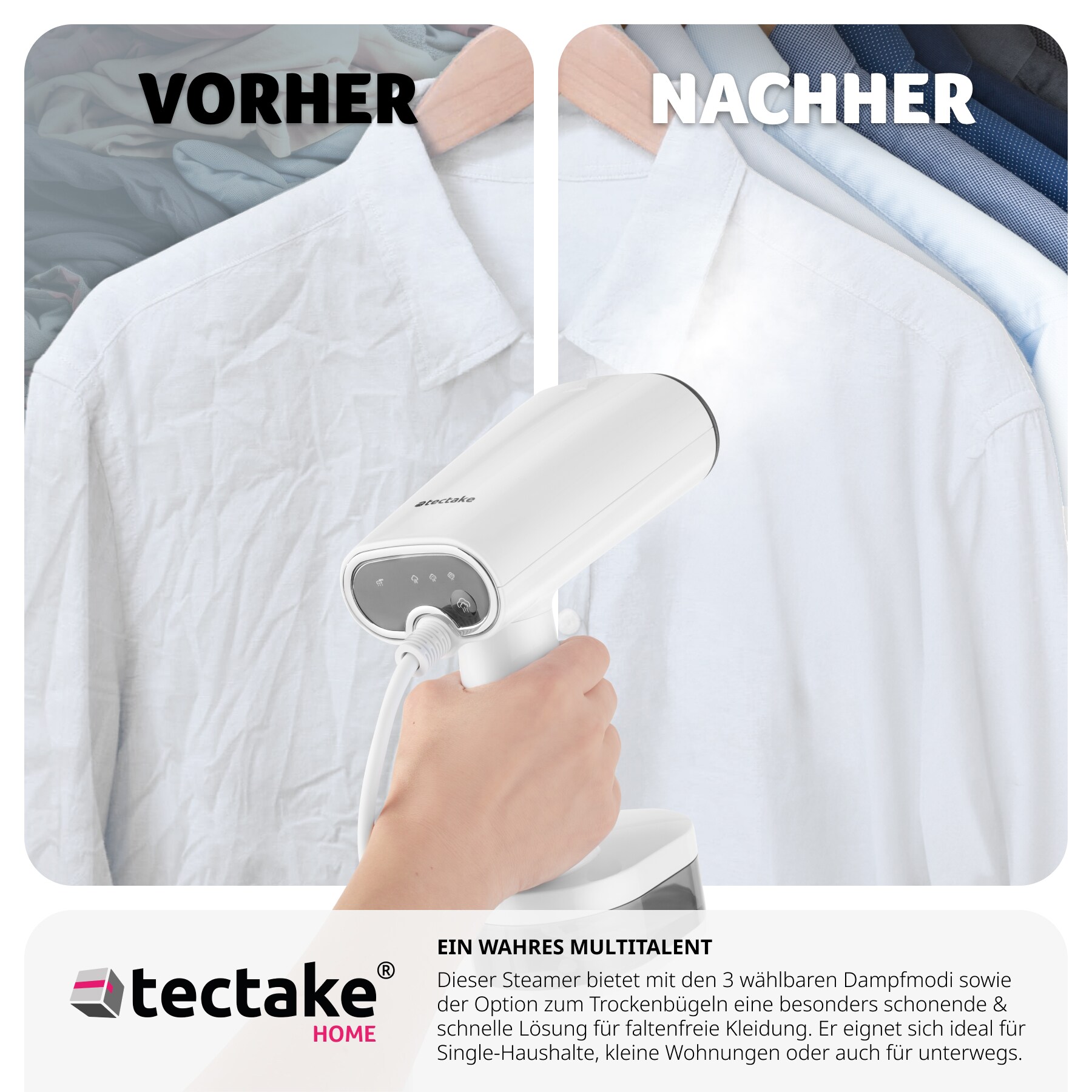 tectake® Dampfglätter, 3 Dampfmodi und Trockenbügelfunktion, Aluminium-Heizplatte, textilschonend, LCD-Display, 15 x 9,5 x 23 cm