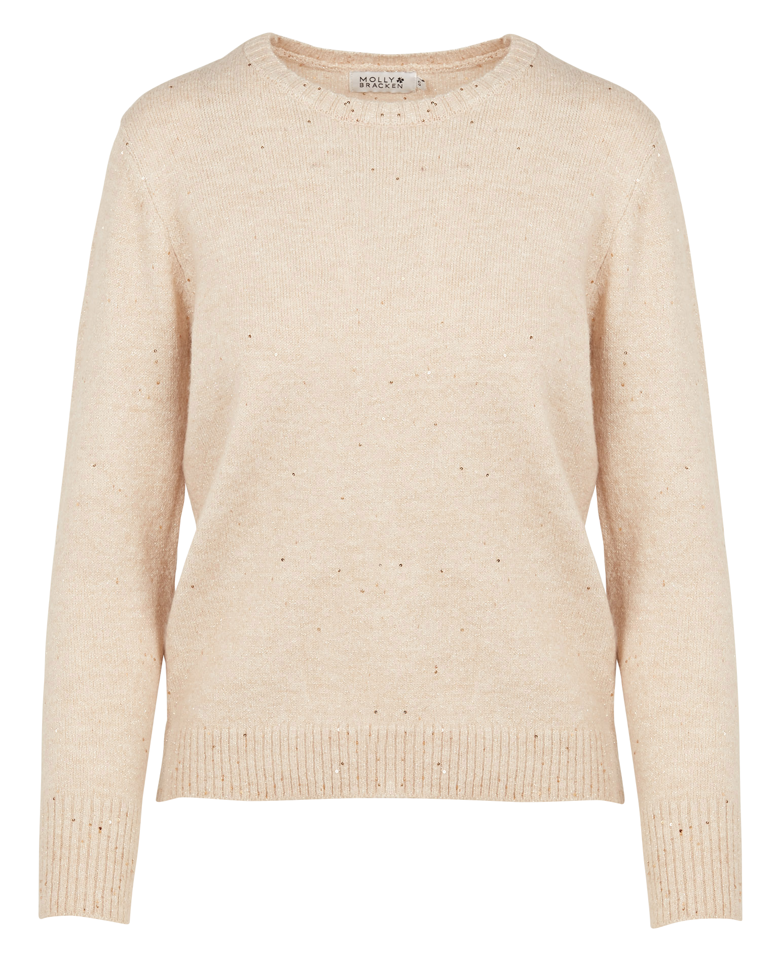Pull col rond à sequins en maille mélangée| Beige