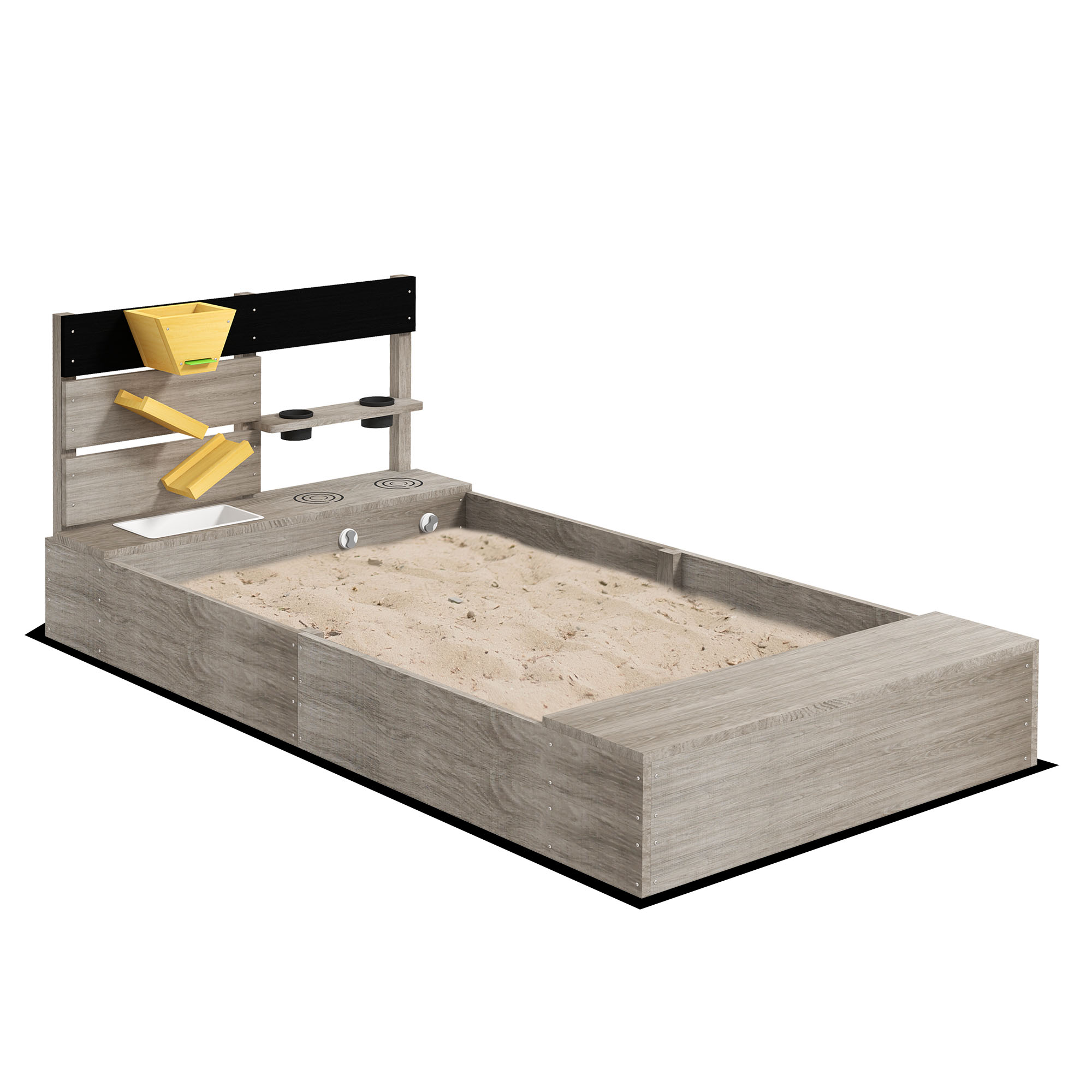 Caixa de areia de madeira Outsunny para crianças, com 2 assentos, 2 jardineiras e cozinha de brinquedo para jardim ou pátio, 154x80x60 cm, cinza.